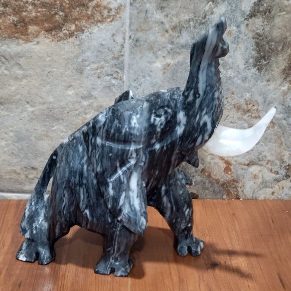 VTG Marble Stone Elephant Raised Trunk Heavy Gray White Sculpture